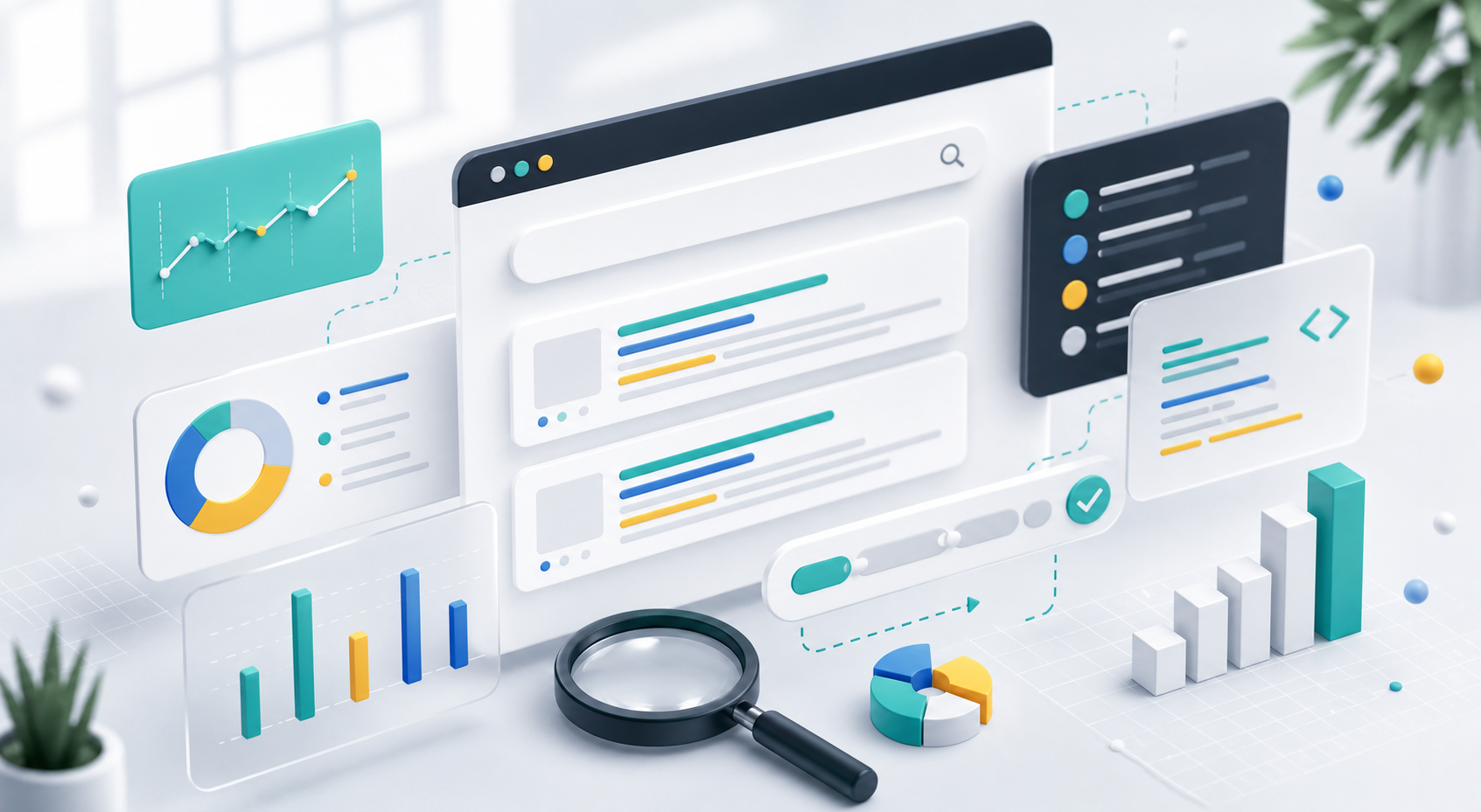 Abstract SEO dashboard illustration with search and URL analysis elements
